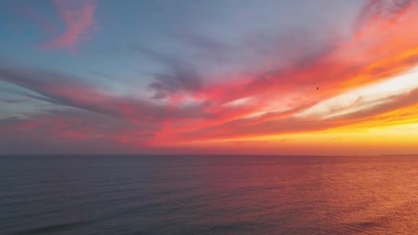 Levendige Kleurrijke Zonsondergang Wolken Boven Oceaan Portimao Zwerm Meeuwen Die — Stockvideo