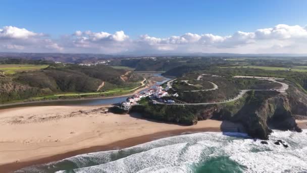 Drone Flight Ocean Odeceixe Mar Beach West Portugal — 图库视频影像