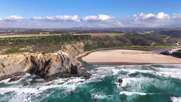 Vista Aérea Panorámica Playa Odeceixe Mar Otoño Oeste Portugal — Vídeos de Stock