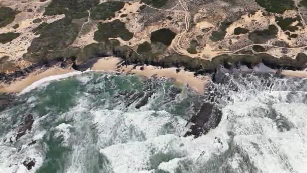 Terkedilmiş Okyanus Kıyısının Yukarıdan Aşağıya Manzarası Kum Tepeleri Çarpan Dalgalar — Stok video