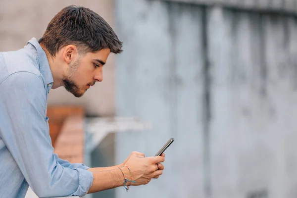Young Man Looking Mobile Phone Street — Stock Photo, Image