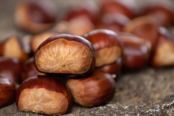 Natural Chestnuts Stacked Outdoors Autumn — Stock Photo, Image