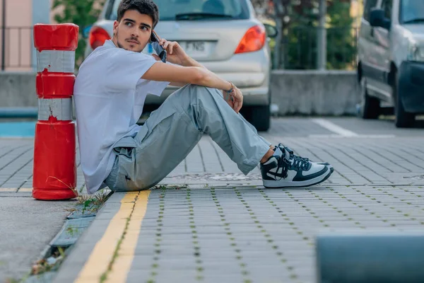 Teenager Street Sitting Mobile Phone Smartphone — Fotografia de Stock
