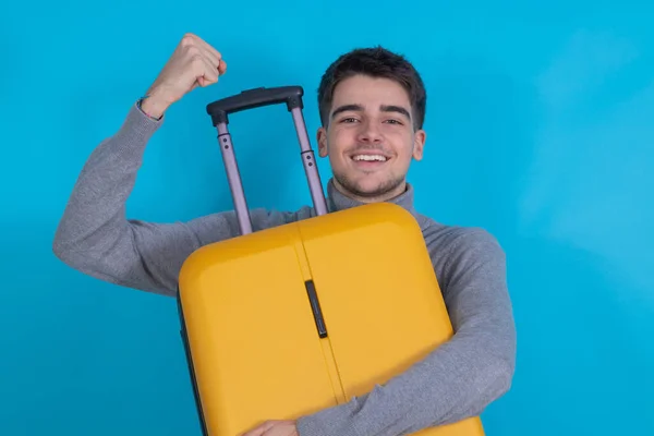 Young Man Suitcase Isolated Background — Stock Fotó