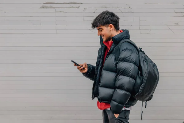Boy Mobile Phone Street Warm Clothes — Foto de Stock