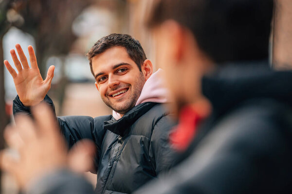 Friends Street Greeting Each Other — Stok fotoğraf