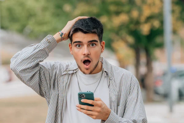 Young Male Street Mobile Phone Smartphone Expression Surprise — Stock Photo, Image