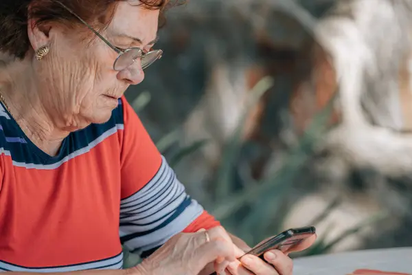 Seniorin Mit Handy Oder Smartphone Stockbild