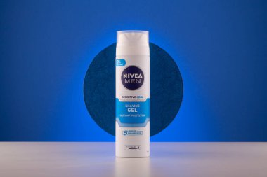 Prague,Czech Republic - 12 January 2023:Container of Nivea Men Sensitive Cool Shaving Gel on blue background