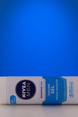 Prague,Czech Republic - 12 January 2023:Container of Nivea Men Sensitive Cool Shaving Gel on blue background