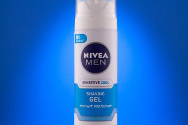Prague,Czech Republic - 12 January 2023:Container of Nivea Men Sensitive Cool Shaving Gel on blue background