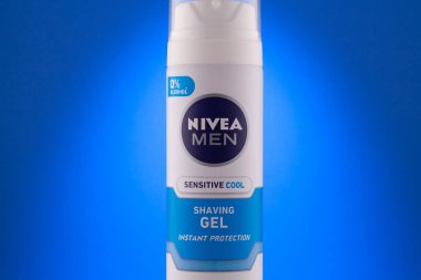 Prague,Czech Republic - 12 January 2023:Container of Nivea Men Sensitive Cool Shaving Gel on blue background