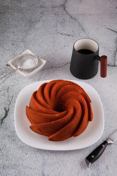 Cake Almond Rice Flour Striped Tea Towel Marble Table Breakfast — Foto Stock