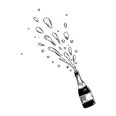 Champagne Splash, Hand-Drawn Vector, Graphic Style, Cartoon Illustration, Black and White, Sketch Style, Isolated on White Background clipart