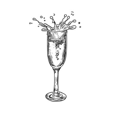 Champagne Splash, Hand-Drawn Vector, Graphic Style, Cartoon Illustration, Black and White, Sketch Style, Isolated on White Background clipart