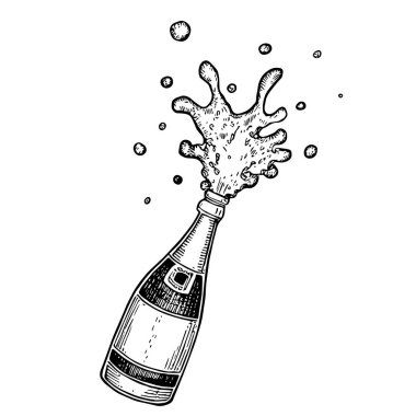 Şampanya Sıçratma, El Çekimi Vektörü, Grafik Tarzı, Çizgi Film İllüstrasyonu, Siyah ve Beyaz, Skeç Tarzı, Beyaz Arkaplanda İzole Edilmiş