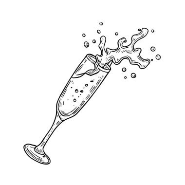Şampanya Sıçratma, El Çekimi Vektörü, Grafik Tarzı, Çizgi Film İllüstrasyonu, Siyah ve Beyaz, Skeç Tarzı, Beyaz Arkaplanda İzole Edilmiş