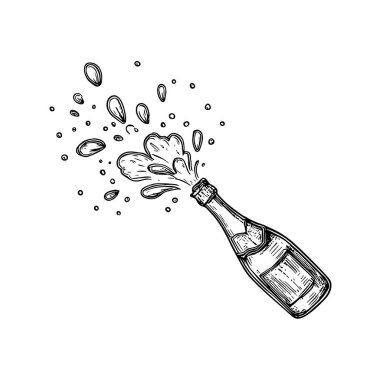 Şampanya Sıçratma, El Çekimi Vektörü, Grafik Tarzı, Çizgi Film İllüstrasyonu, Siyah ve Beyaz, Skeç Tarzı, Beyaz Arkaplanda İzole Edilmiş