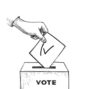 Oy Veren El Oy Verme Sandığı, El Çekimi Vektörü, Grafik Tarzı, Çizgi Film İllüstrasyonu, Siyah ve Beyaz, Skeç Tarzı, Beyaz Arkaplan 'da İzole Edilmiş