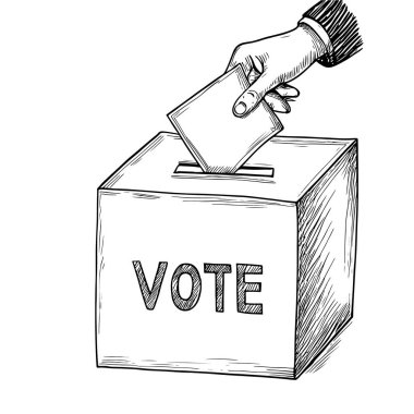 Oy Veren El Oy Verme Sandığı, El Çekimi Vektörü, Grafik Tarzı, Çizgi Film İllüstrasyonu, Siyah ve Beyaz, Skeç Tarzı, Beyaz Arkaplan 'da İzole Edilmiş