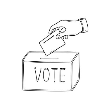 Oy Veren El Oy Verme Sandığı, El Çekimi Vektörü, Grafik Tarzı, Çizgi Film İllüstrasyonu, Siyah ve Beyaz, Skeç Tarzı, Beyaz Arkaplan 'da İzole Edilmiş