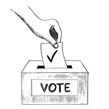 Oy Veren El Oy Verme Sandığı, El Çekimi Vektörü, Grafik Tarzı, Çizgi Film İllüstrasyonu, Siyah ve Beyaz, Skeç Tarzı, Beyaz Arkaplan 'da İzole Edilmiş