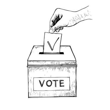 Oy Veren El Oy Verme Sandığı, El Çekimi Vektörü, Grafik Tarzı, Çizgi Film İllüstrasyonu, Siyah ve Beyaz, Skeç Tarzı, Beyaz Arkaplan 'da İzole Edilmiş