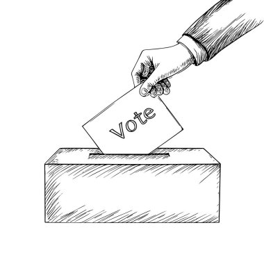 Oy Veren El Oy Verme Sandığı, El Çekimi Vektörü, Grafik Tarzı, Çizgi Film İllüstrasyonu, Siyah ve Beyaz, Skeç Tarzı, Beyaz Arkaplan 'da İzole Edilmiş