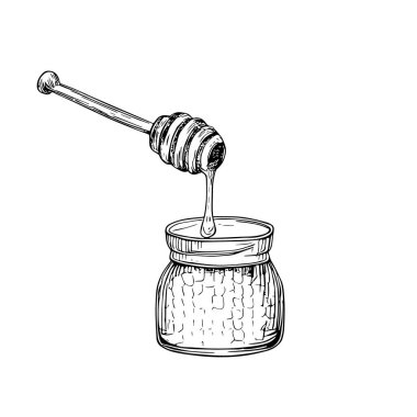 Bal Kavanozu, El Çizimi Vektörü, Grafik Tarzı, Çizgi Film İllüstrasyonu, Siyah ve Beyaz, Skeç Tarzı, Beyaz Arkaplanda İzole Edilmiş