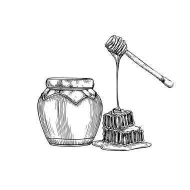 Bal Kavanozu, El Çizimi Vektörü, Grafik Tarzı, Çizgi Film İllüstrasyonu, Siyah ve Beyaz, Skeç Tarzı, Beyaz Arkaplanda İzole Edilmiş