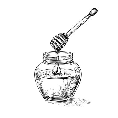 Bal Kavanozu, El Çizimi Vektörü, Grafik Tarzı, Çizgi Film İllüstrasyonu, Siyah ve Beyaz, Skeç Tarzı, Beyaz Arkaplanda İzole Edilmiş