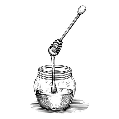 Bal Kavanozu, El Çizimi Vektörü, Grafik Tarzı, Çizgi Film İllüstrasyonu, Siyah ve Beyaz, Skeç Tarzı, Beyaz Arkaplanda İzole Edilmiş