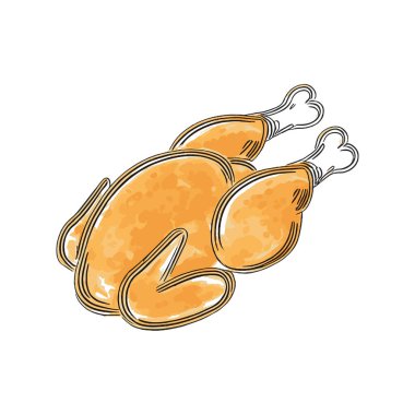 Kızarmış Tavuk, El Tarzı Vektörü, Grafik Tarzı, Çizgi Film İllüstrasyonu, Siyah ve Beyaz, Skeç Tarzı, Beyaz Arkaplanda İzole Edilmiş