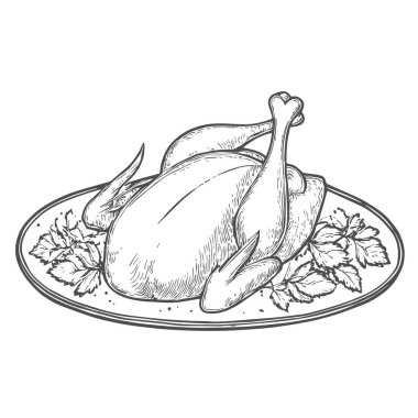 Lezzetli Kızarmış Tavuk, El Tarzı Vektör, Grafik Tarzı, Çizgi Film İllüzyonu, Siyah ve Beyaz, Skeç Tarzı, Beyaz Arkaplanda İzole Edilmiş