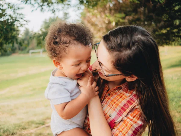 Young Millennial Mother Diverse Toddler Boy Park Bonding Together Stok Resim