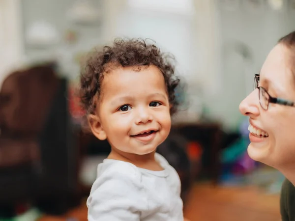 Young Millennial Mother Diverse Toddler Boy Curly Hair Home Bonding - Stok İmaj