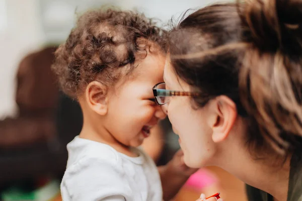 Young Millennial Mother Diverse Toddler Boy Curly Hair Home Bonding Telifsiz Stok Imajlar