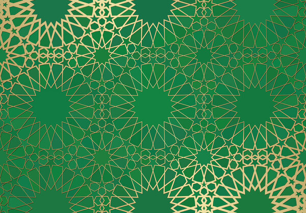 Abstract background with islamic ornament, arabic geometric texture. Golden lined tiled motif over colored background with stained glass style.