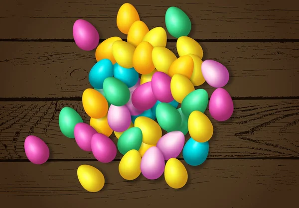 Σκελετός Πάσχα Λαμπερά Πολύχρωμα Αυγά Απλωμένα Ξύλινο Φόντο — Διανυσματικό Αρχείο