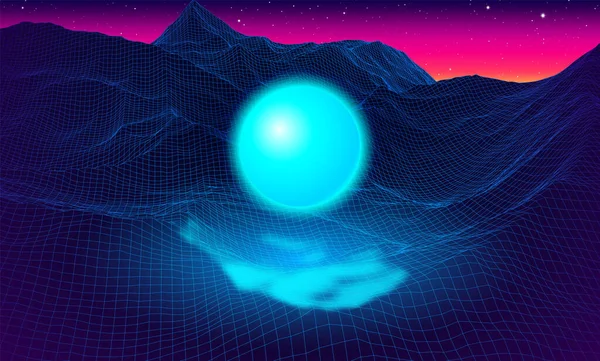 具有80年代风格复古电脑游戏或科学灵感背景的线框网格的景观3D结构 带有神秘的球体和山脉或山丘 — 图库矢量图片