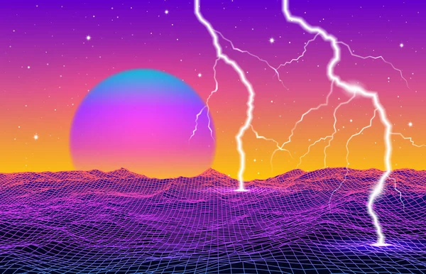 复古80年代风格的带有紫色霓虹灯或月亮的未来派风景及数字空间中的闪电 带有闪光的网格 用于派对海报 传单或混合封面 — 图库矢量图片