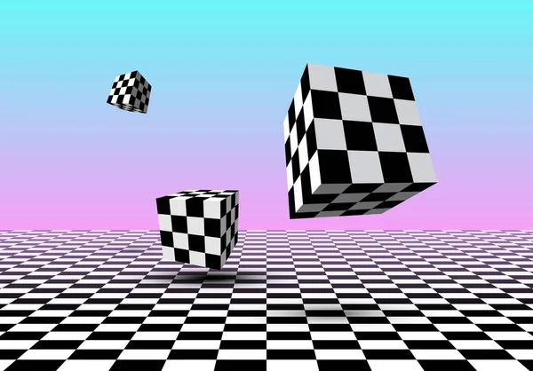 黑色和白色立方体在有粉红色和蓝色梯度背景的检查过的地板上飞行 呈蒸汽波风格 — 图库矢量图片