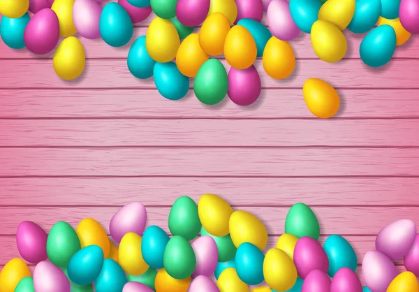 Marco Pascua Con Brillantes Huevos Colores Repartidos Sobre Fondo Madera — Vector de stock