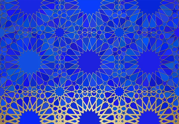 イスラム装飾 アラビア語の幾何学的なテクスチャを持つ抽象的な背景 ステンドグラス風の彩色を施した金色の線描のモチーフ — ストックベクタ