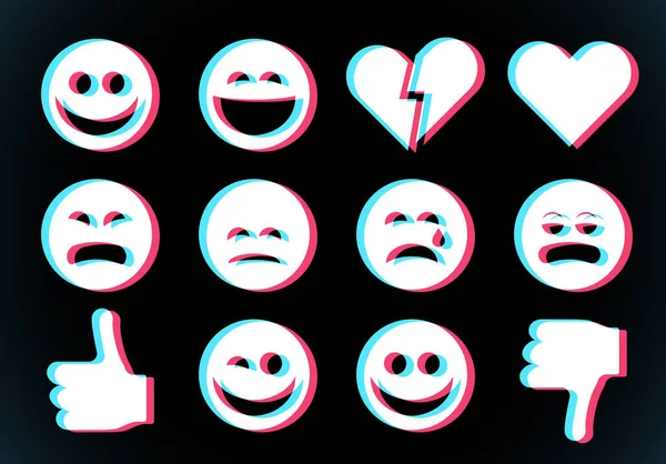 Emoji Icons Set Smiling Face Thumbs Heart Glitch Style Modern — Stock Vector