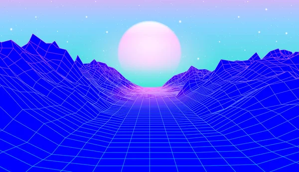 80年代的合成波状景观 蓝色的格栅山脉和太阳在拱廊太空行星峡谷之上 — 图库矢量图片