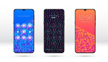 Soyut labirent ya da labirent desenli ve çeşitli parola giriş seçenekleriyle akıllı telefon kilitli ekran arkaplanı