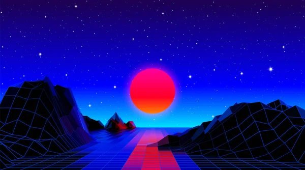 水平線の上に赤いネオンの太陽とパーティーポスター チラシやミックスカバーのための多角形の光沢のあるグリッドとレトロな80年代スタイルの未来的な風景 — ストックベクタ