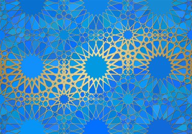 İslami süslemeli soyut arkaplan, Arap geometrik dokusu. Renkli arkaplanda boyalı cam tarzıyla altın kaplamalı motif.