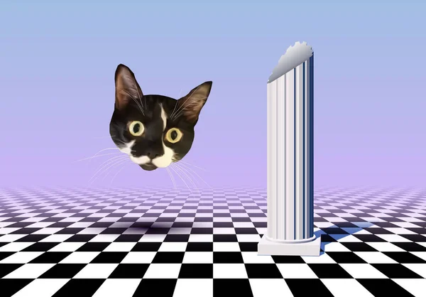 Vaporwave Style Landscape Checkered Floor Ancient Column Flying Cat Head — стоковый вектор